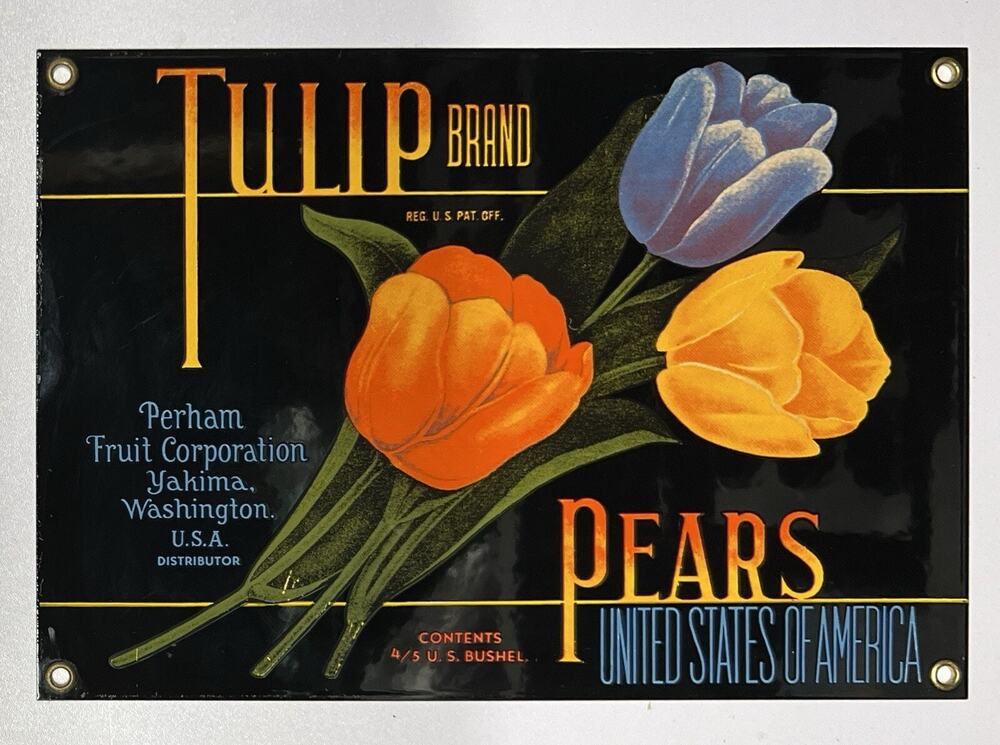 Ande Rooney Porcelain Sign Tulip Brand Pears Fruit Crate Advertising 10 x 7"